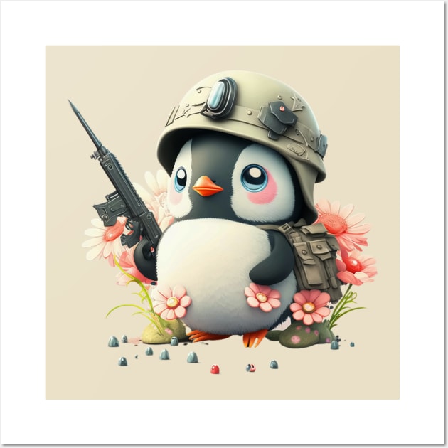 The clever penguin in military uniform with helmet and weapon Wall Art by EUWO